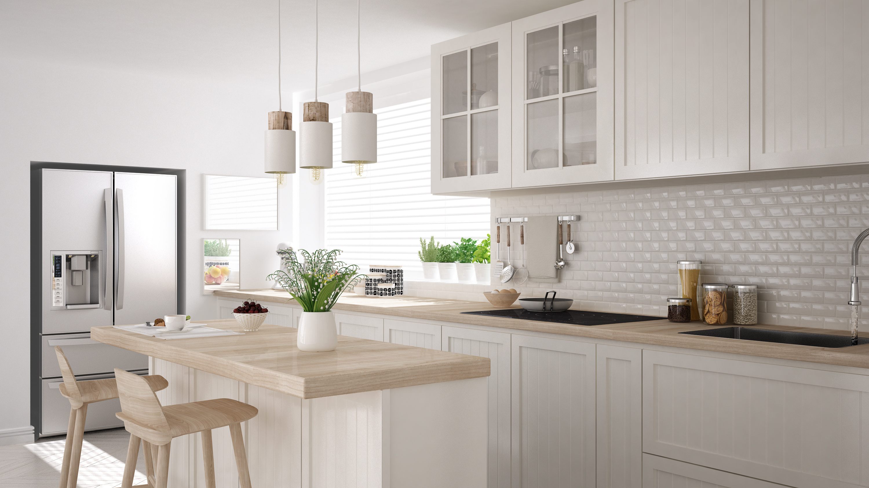 Scandinavian classic kitchen with wooden and white details, minimalistic interior design team logue