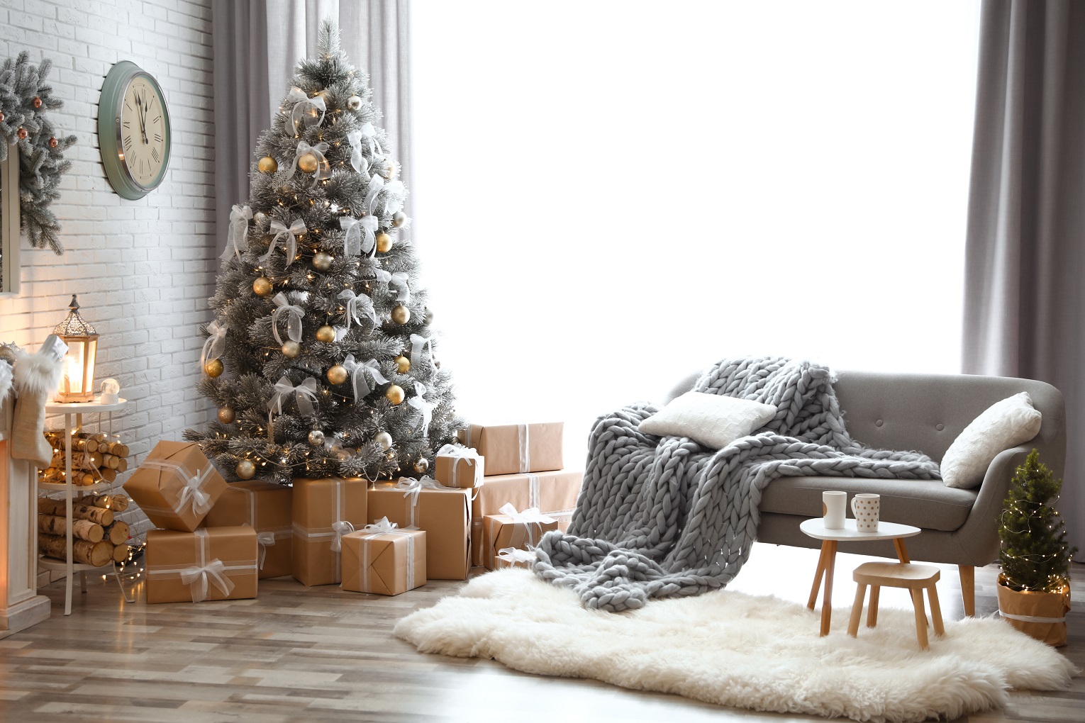 seasonal decorating ideas stylish interior of living room with decorated Christmas tree