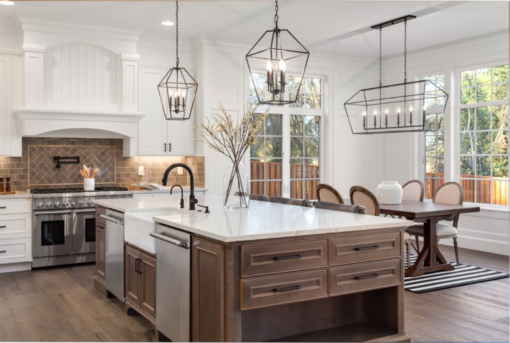 Luxury kitchen with beautiful light fixtures