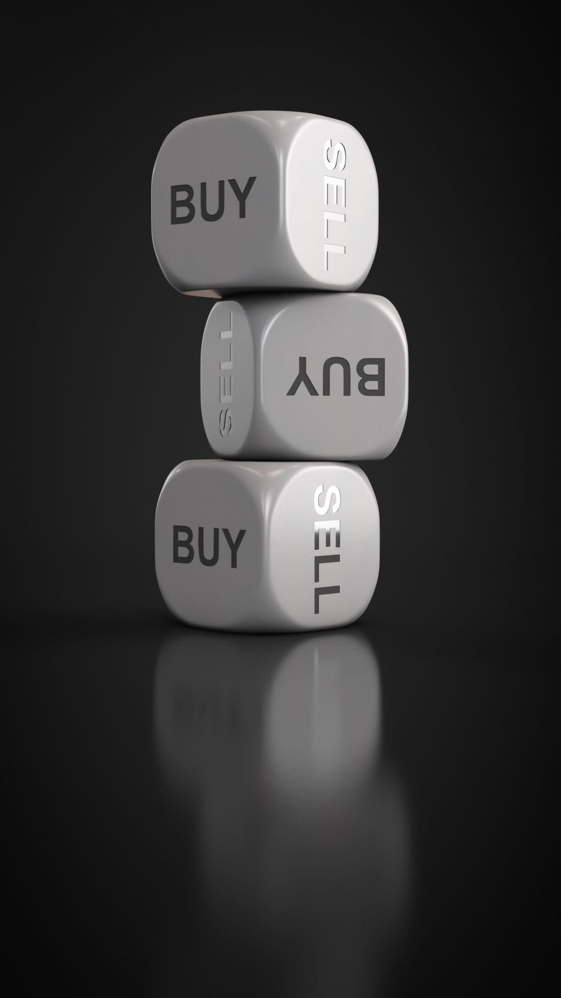 Three dices with decision options sell or buy