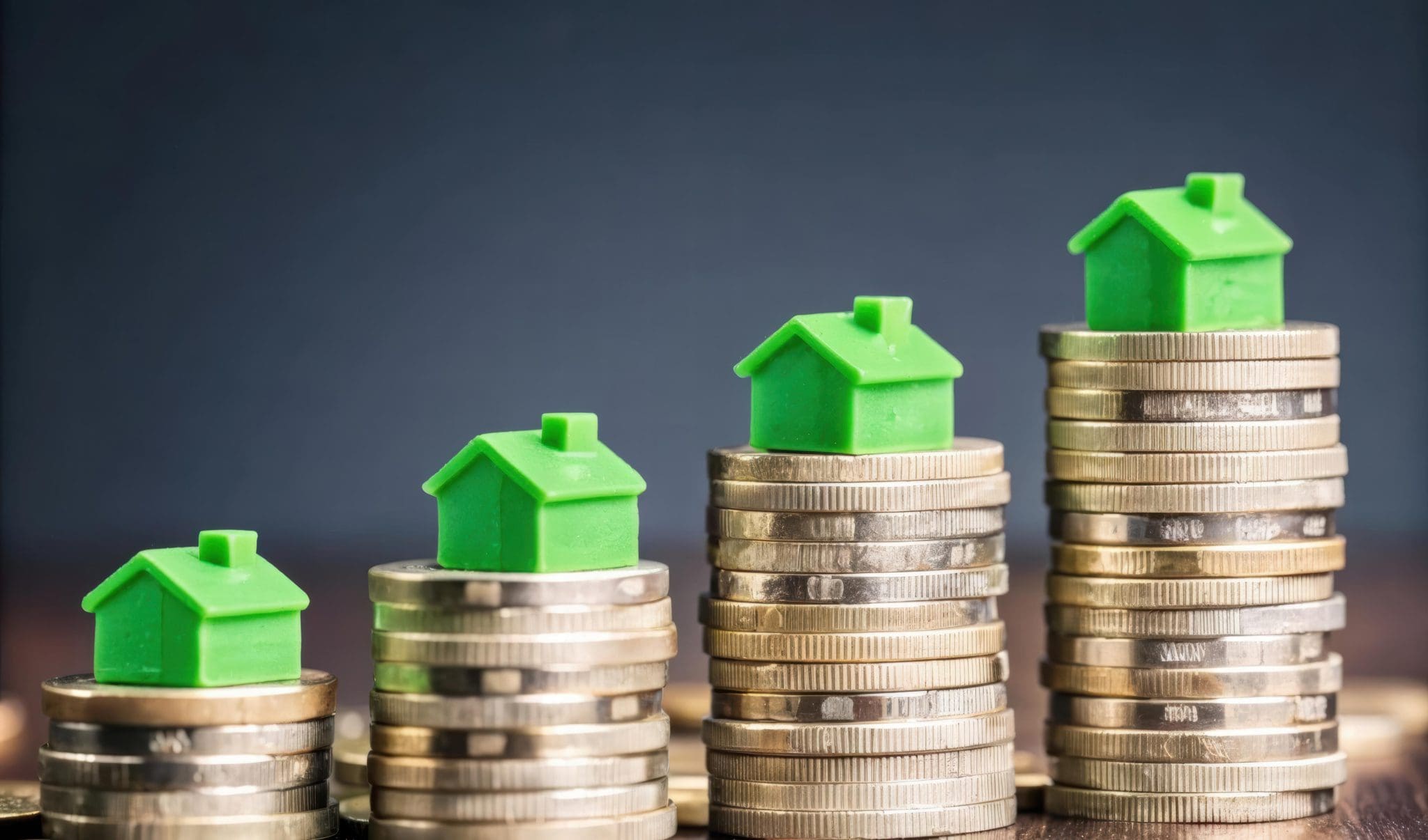 Stacks of coins increase in height with small green houses placed on top, symbolizing the rise of sustainable housing in economic discussions.