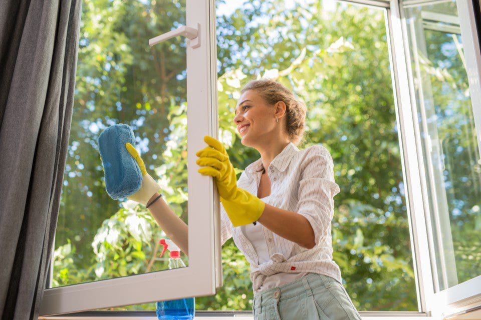 Woman cleaning windows while spring cleaning